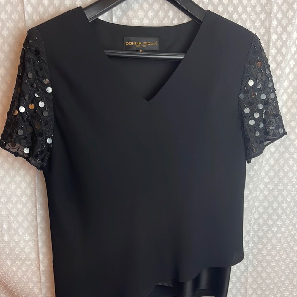 Donna Ricco black dressy blouse with sequins on sleeves. tailored shoulder pads